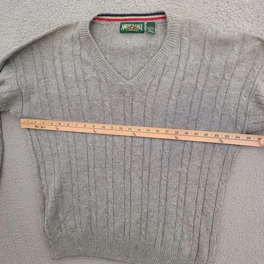 Vintage American Eagle Sweater Mens XL Gray Cable Knit V-Neck‎ Pullover Preppy